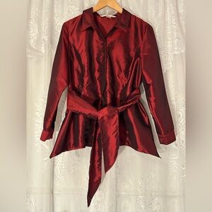 Peter Nygard Red Taffeta Blouse Jacket Tie Waist Peplum Top Petites 14